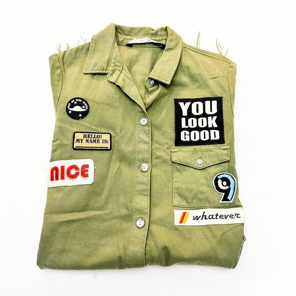 Zara Graphic Patchwork Button Down Military Shirt Dress Khaki Green SIze X-Small - Picture 5 of 6
